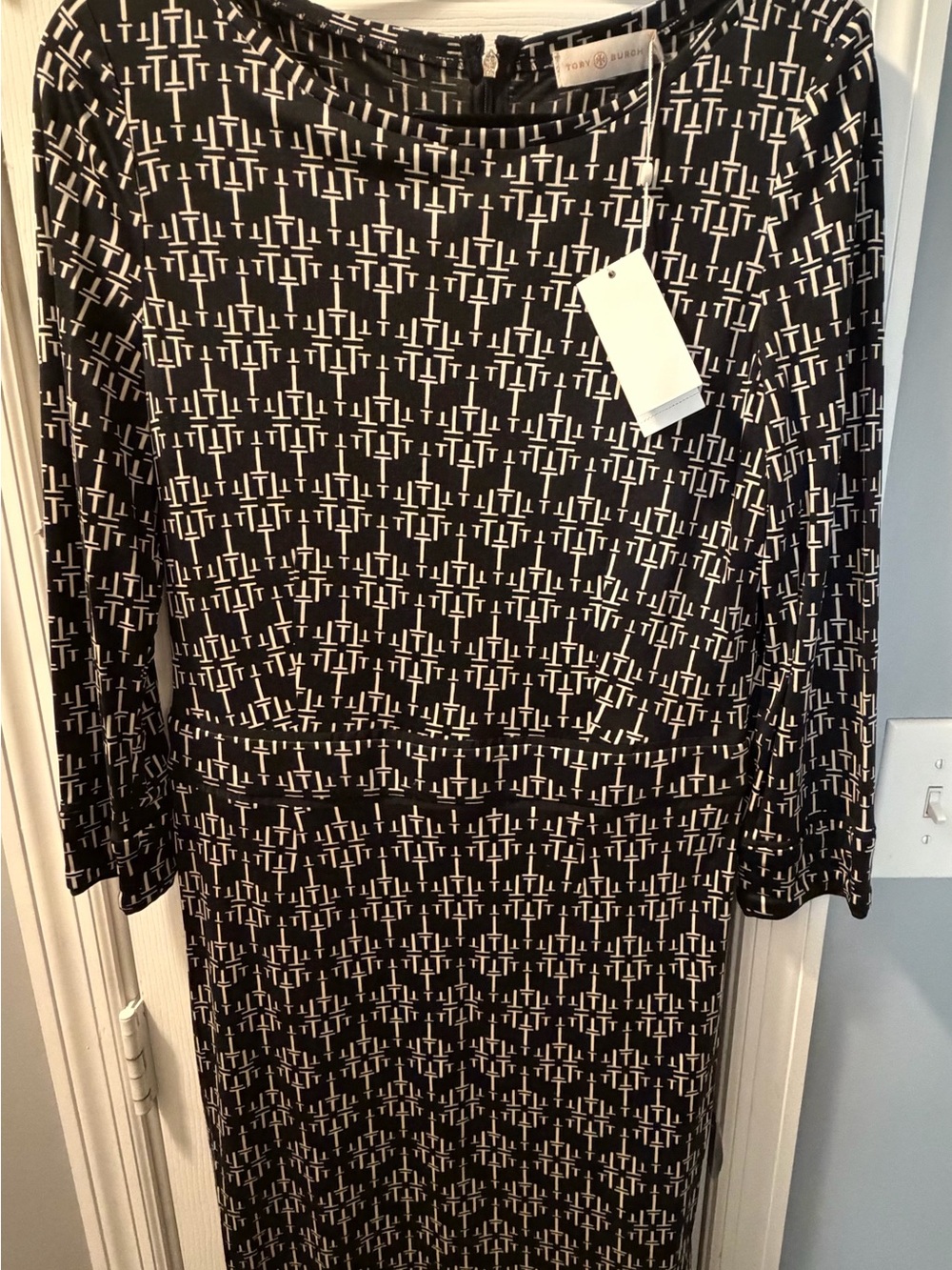 NWT Tory Burch Black and White Logo-Print Midi Silk Dress